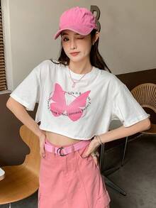 DAZY 蝴蝶和標語圖案落肩袖短款T恤 - 白色 - 查看 6