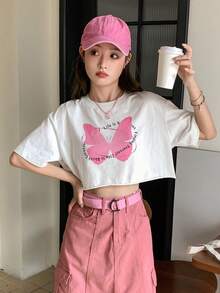 DAZY 蝴蝶和標語圖案落肩袖短款T恤 - 白色 - 查看 7