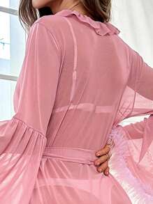 Bata ribete con fruncido manga de campana con cinturón de malla - Rosa vieja - Ver 2