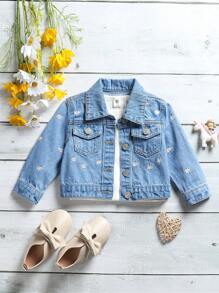Baby Girl 1pc Floral Embroidery Flap Pocket Denim Jacket - Medium Wash - View 1