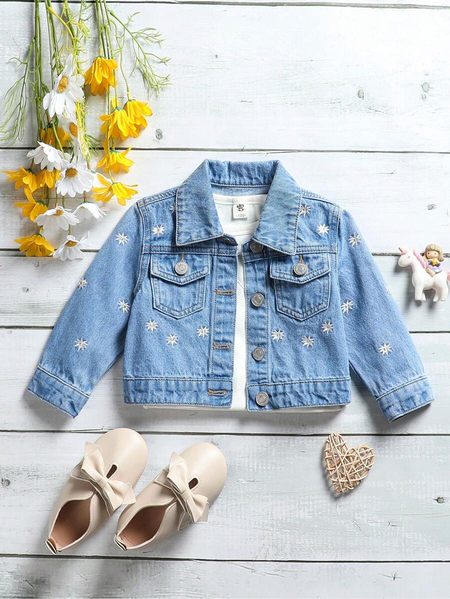 Baby Girl 1pc Floral Embroidery Flap Pocket Denim Jacket - Medium Wash - View 1
