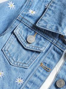 Baby Girl 1pc Floral Embroidery Flap Pocket Denim Jacket - Medium Wash - View 4