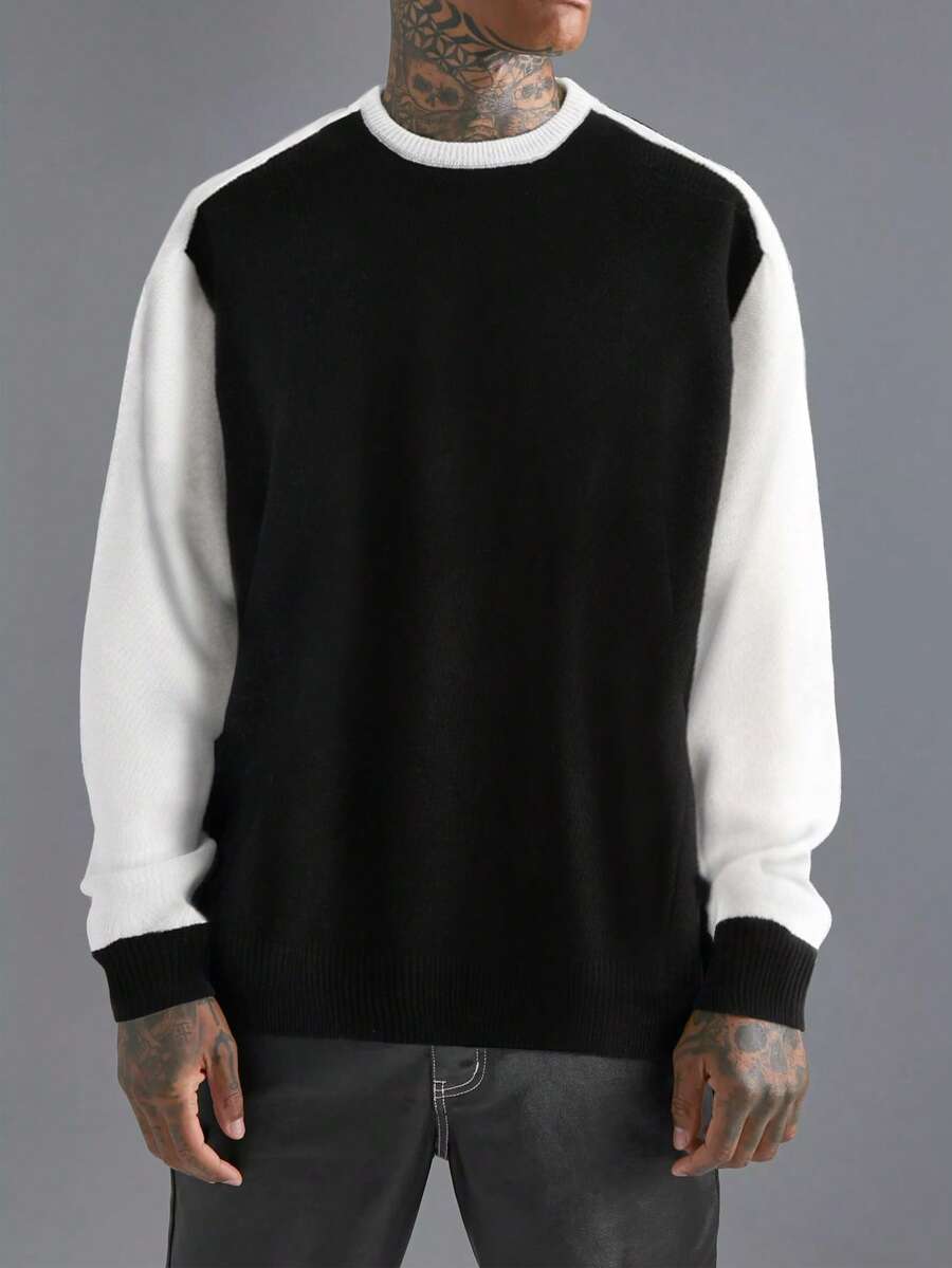 Manfinity EMRG 男士雙色套頭毛衣 - 黑與白 - 查看 1