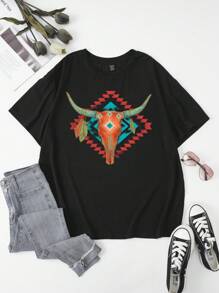 SHEIN EZwear Plus Geo & Bull Print Tee - Black - View 1