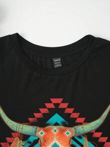 SHEIN EZwear Plus Geo & Bull Print Tee - Black - View 4
