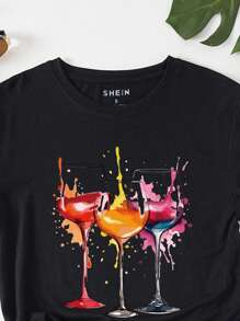 INAWLY Wine Glass And Goblet Print Tee Graphic Tees Women Tops - Black - View 4
