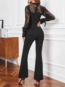 SHEIN Privé 蕾絲拼接荷葉袖繫帶領喇叭連身褲 - 黑色 - 查看 2