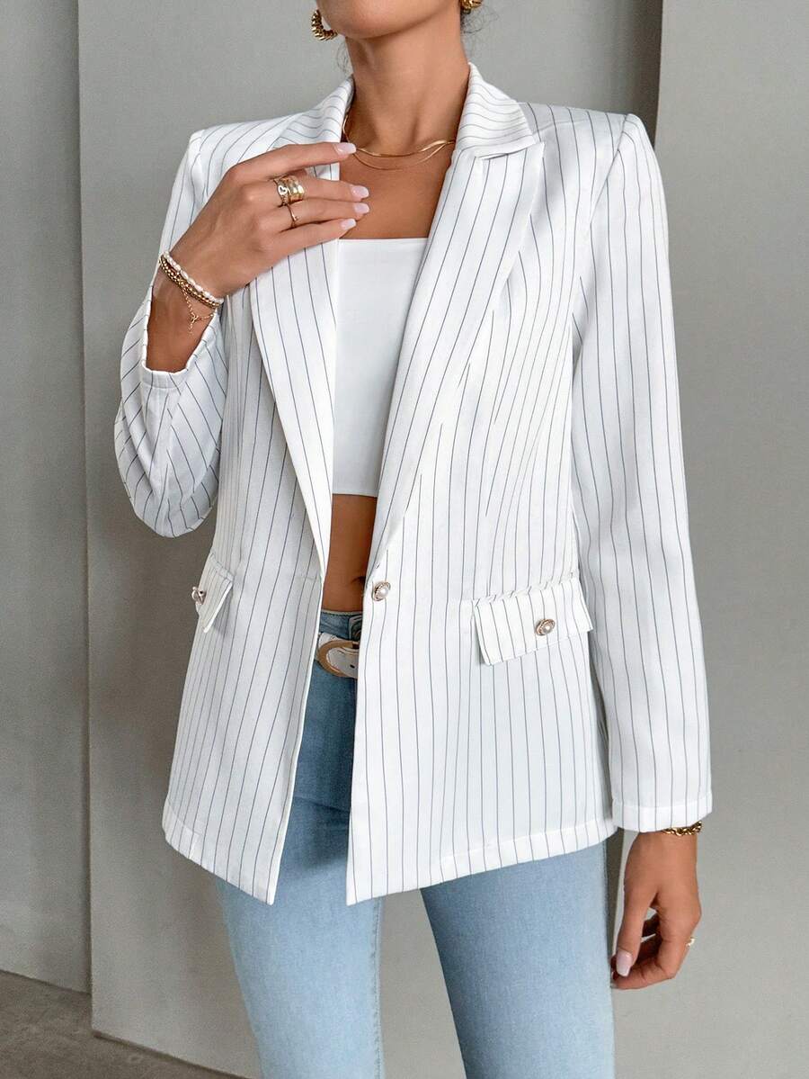SHEIN Essnce 條紋印花單釦西裝外套 - 白色 - 查看 1