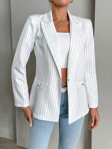 SHEIN Essnce 條紋印花單釦西裝外套 - 白色 - 查看 3