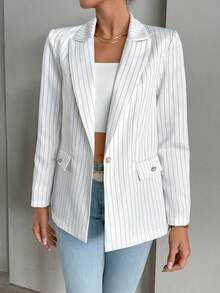 SHEIN Essnce 條紋印花單釦西裝外套 - 白色 - 查看 5
