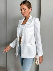 SHEIN Essnce 條紋印花單釦西裝外套 - 白色 - 查看 6