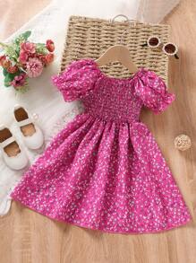 SHEIN 女小童碎花泡泡袖打攬連衣裙 - 玫紅色 - 查看 2