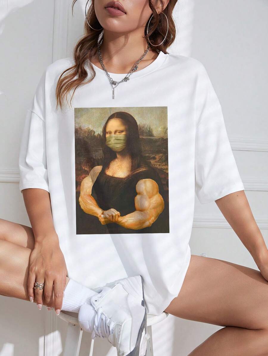 SHEIN EZwear 蒙娜麗莎印花落肩T恤 - 白色 - 查看 1