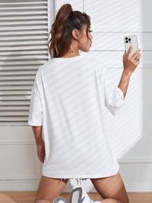 SHEIN EZwear 蒙娜麗莎印花落肩T恤 - 白色 - 查看 2