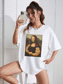 SHEIN EZwear 蒙娜麗莎印花落肩T恤 - 白色 - 查看 3