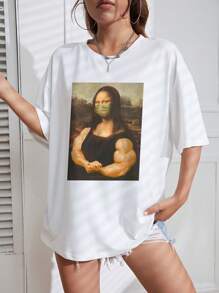 SHEIN EZwear 蒙娜麗莎印花落肩T恤 - 白色 - 查看 4