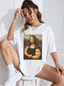 SHEIN EZwear 蒙娜麗莎印花落肩T恤 - 白色 - 查看 5