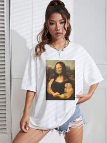 SHEIN EZwear 蒙娜麗莎印花落肩T恤 - 白色 - 查看 6