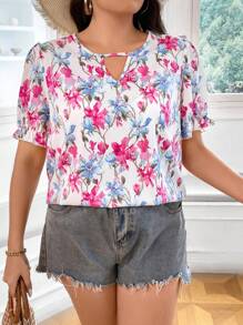 SHEIN LUNE 大碼印花鎖眼領泡泡袖襯衫