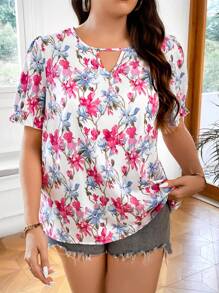 SHEIN LUNE 大碼印花鎖眼領泡泡袖襯衫