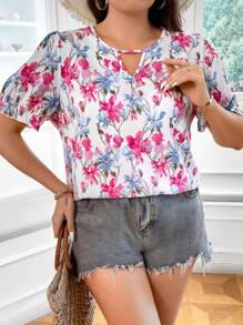 SHEIN LUNE 大碼印花鎖眼領泡泡袖襯衫