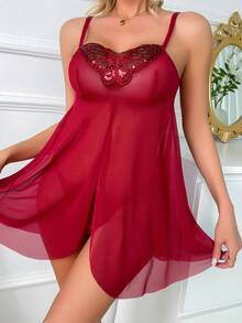 Ren tương phản Lưới Slips Với Thong - Màu Đỏ Sâu - Xem 5