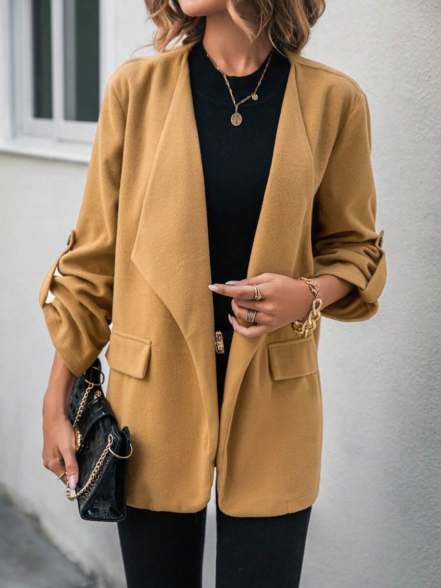 SHEIN Essnce Cổ áo thác nước Tay áo cuộn Mở Mặt trước Áo khoác - Màu Khaki - Xem 1