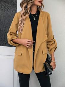 SHEIN Essnce Cổ áo thác nước Tay áo cuộn Mở Mặt trước Áo khoác - Màu Khaki - Xem 3