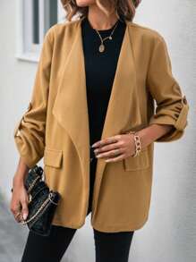SHEIN Essnce Cổ áo thác nước Tay áo cuộn Mở Mặt trước Áo khoác - Màu Khaki - Xem 4