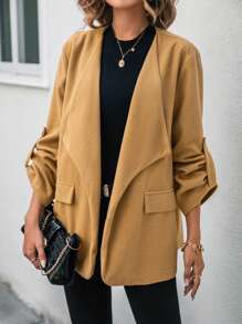 SHEIN Essnce Cổ áo thác nước Tay áo cuộn Mở Mặt trước Áo khoác - Màu Khaki - Xem 5