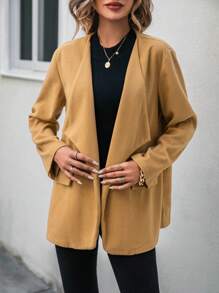 SHEIN Essnce Cổ áo thác nước Tay áo cuộn Mở Mặt trước Áo khoác - Màu Khaki - Xem 6