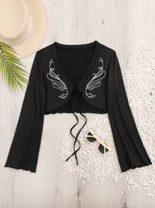 SHEIN 圖案印花前繫帶和服罩衫