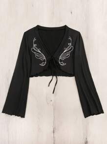 SHEIN 圖案印花前繫帶和服罩衫