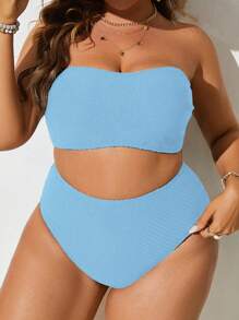 SHEIN Swim Curve Plus Solid Bandeau Bikini Set, For Summer Beach Vacation - Baby Blue - View 1