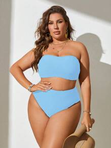 SHEIN Swim Curve Plus Solid Bandeau Bikini Set, For Summer Beach Vacation - Baby Blue - View 3