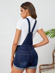 SHEIN Tall 卷邊破洞牛仔背帶褲不帶T恤 - 藍色 - 查看 2