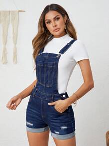 SHEIN Tall 卷邊破洞牛仔背帶褲不帶T恤 - 藍色 - 查看 3