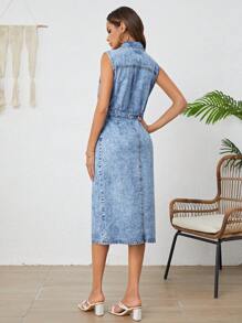 SHEIN Tall Flap Pocket Button Front Denim Dress - Light Wash - View 2