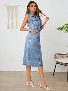 SHEIN Tall Flap Pocket Button Front Denim Dress - Light Wash - View 3