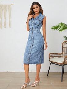 SHEIN Tall Flap Pocket Button Front Denim Dress - Light Wash - View 5