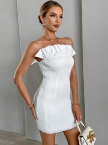 SHEIN Privé 荷葉邊抹胸緊身連衣裙 - 白色 - 查看 3