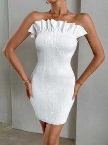 SHEIN Privé 荷葉邊抹胸緊身連衣裙 - 白色 - 查看 6