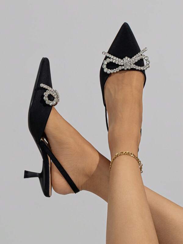 女士水钻蝴蝶结装饰尖头露跟低跟鞋，优雅舒适的猫跟鞋，适合秋冬季正式派对、婚礼、晚宴等场合，黑色，优雅，女士高跟鞋，优雅，派对装扮