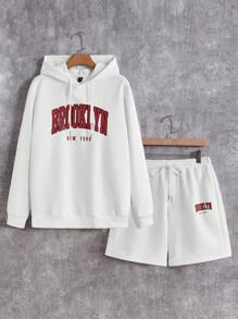 Aesthetic Post Men Letter Graphic Drawstring Hoodie & Shorts - White - View 1