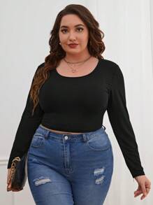 SHEIN Essnce Hơn Chất rắn Áo phông Crop - màu đen - Xem 1