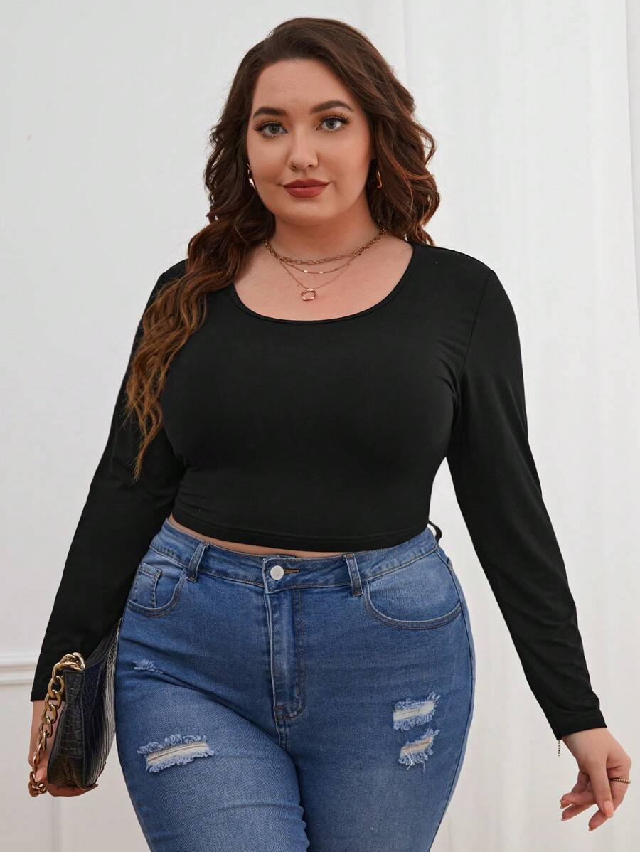 SHEIN Essnce Hơn Chất rắn Áo phông Crop - màu đen - Xem 1