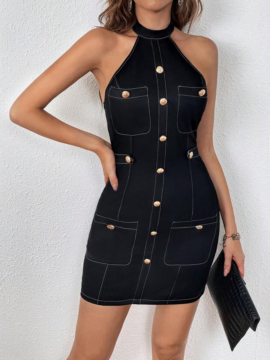 SHEIN Privé Khâu trên cùng Nút phía trước Halter Neck Váy bodycon - màu đen - Xem 1