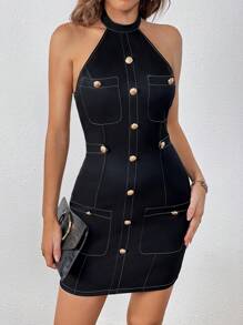 SHEIN Privé Khâu trên cùng Nút phía trước Halter Neck Váy bodycon - màu đen - Xem 3