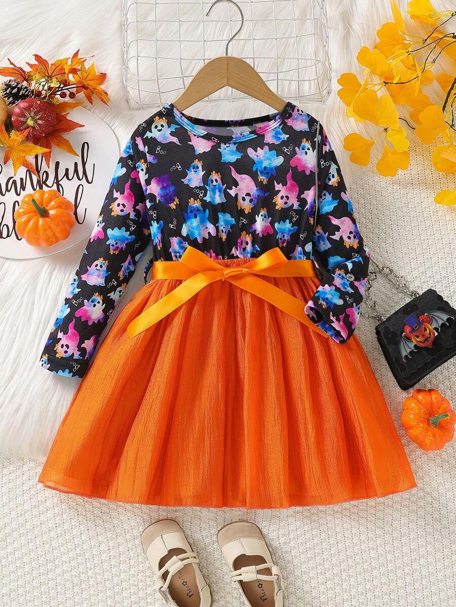 SHEIN 少女新款春秋萬聖節幽靈紮染長袖荷葉邊腰帶蝴蝶結連身裙 - 彩色 - 查看 1