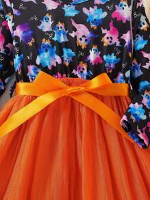 SHEIN 少女新款春秋萬聖節幽靈紮染長袖荷葉邊腰帶蝴蝶結連身裙 - 彩色 - 查看 4